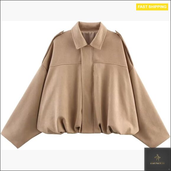 Jackets & Blazers - Oversized Faux Suede Bomber Jacket Batwing Sleeves Zip Up Streetwear